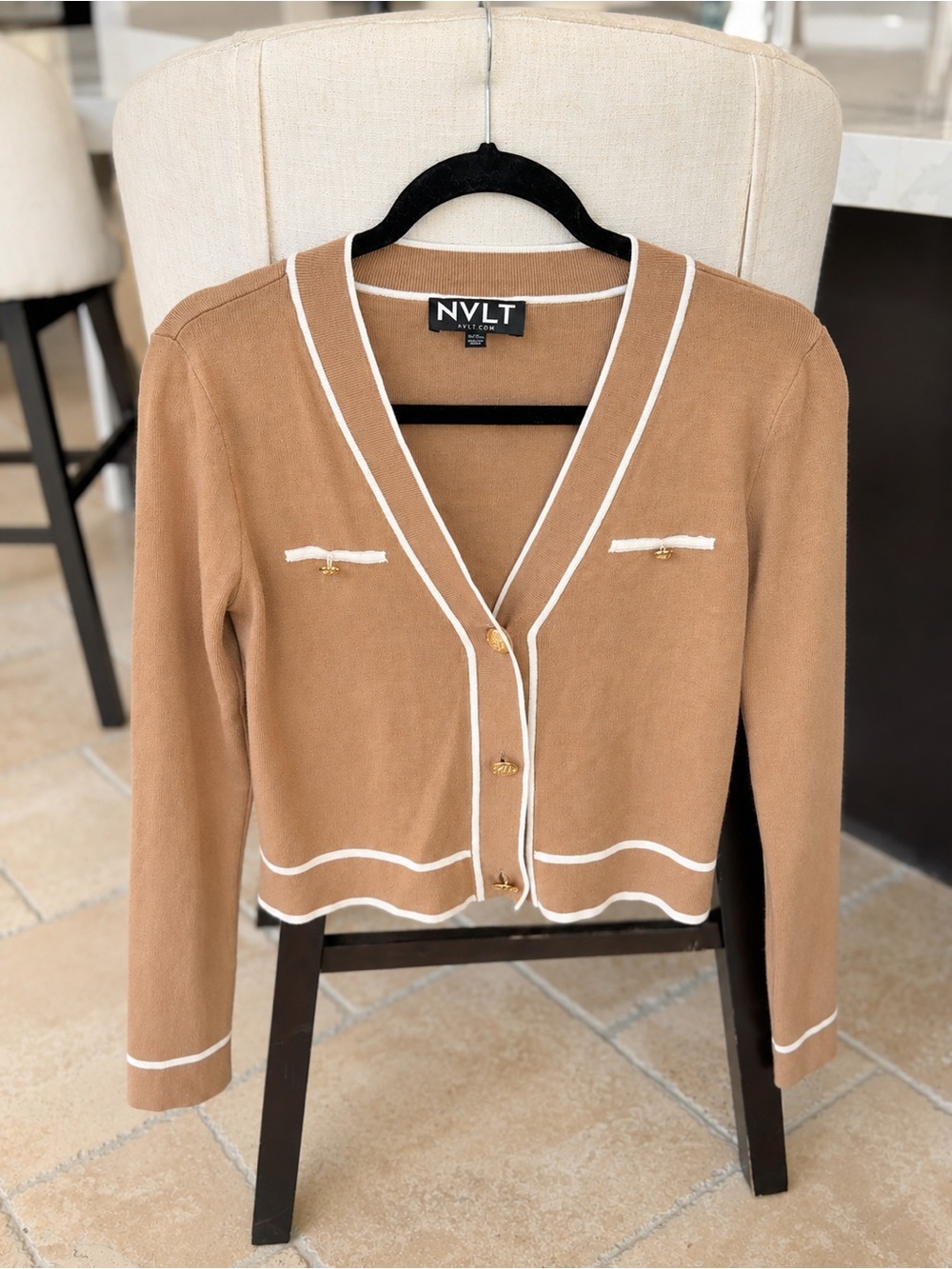 NVLT Camel Cardigan with White Trim
